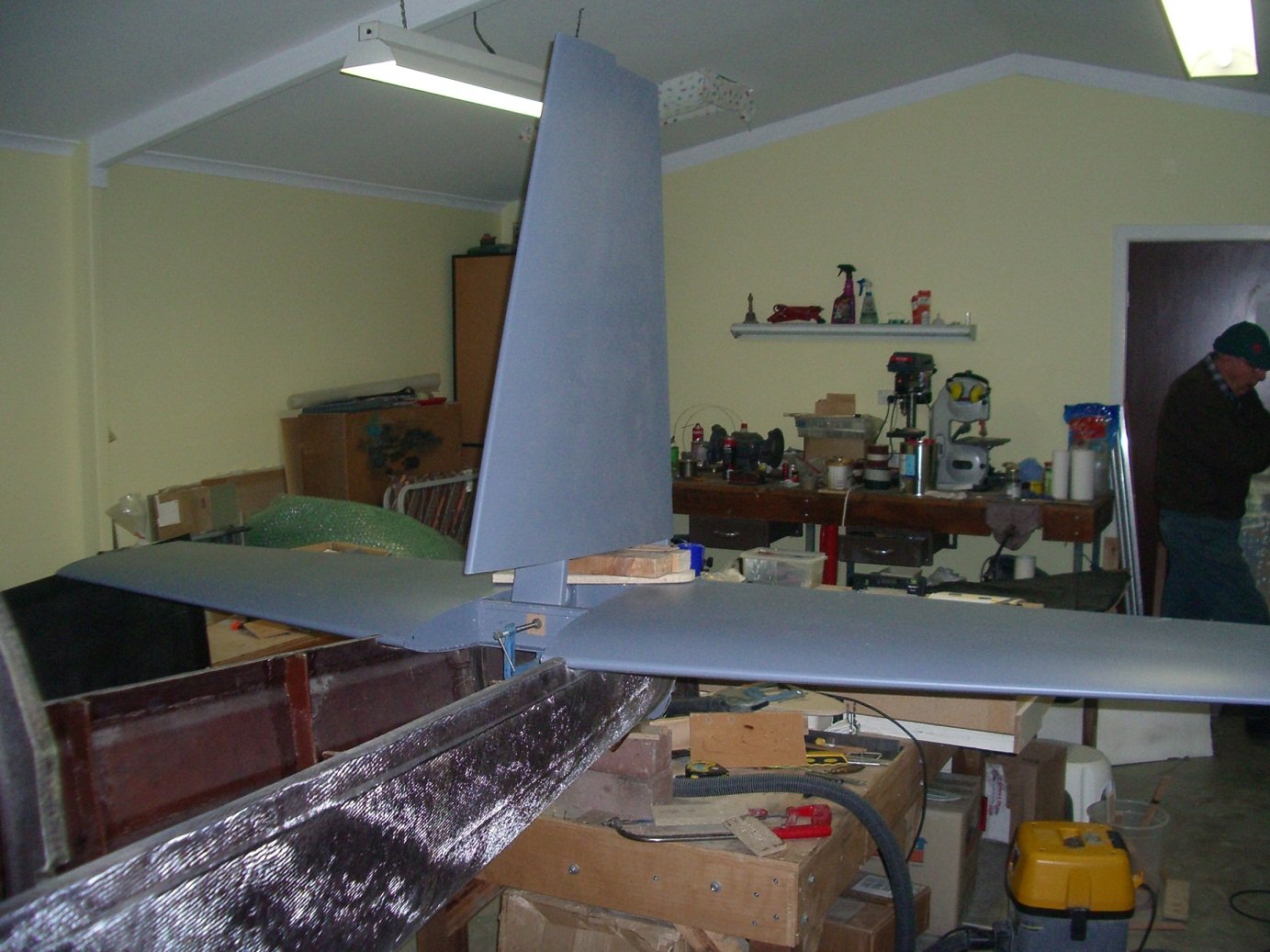 This is the RV8 tailplane being mounted to the rear fuselage.  I changed over to this tailplane so A. it has more tail volume and B. it is made of met